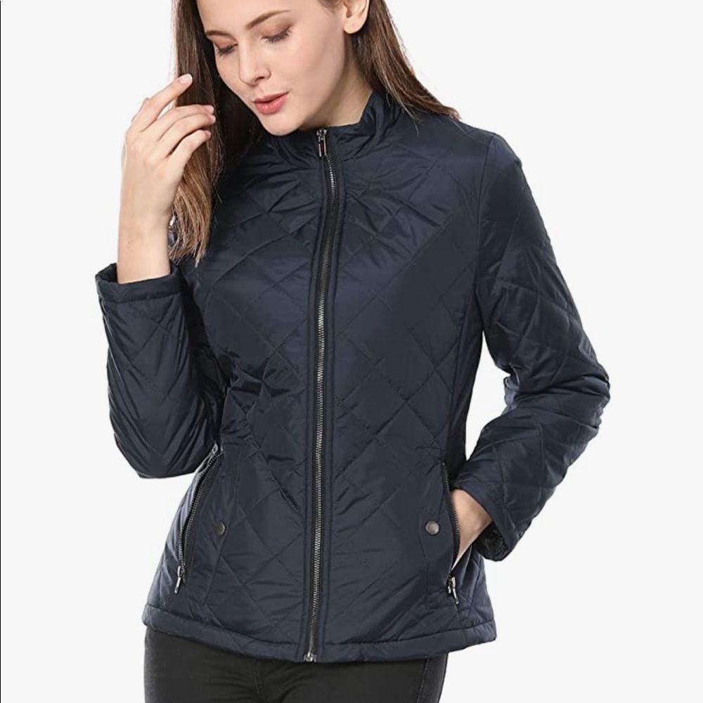 Allegra K Women's Long Sleeve Collared Zip Pockets Padded Jacket Size: XS Blue